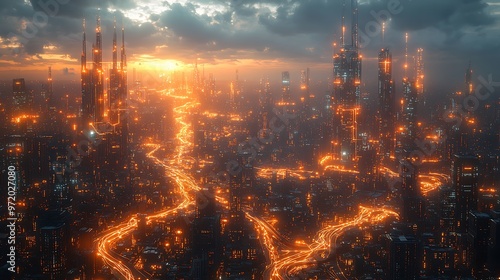 Wallpaper Mural A futuristic AI-powered cityscape at dusk, with glowing data circuits interwoven between buildings and roads. The city hums with digital energy as artificial intelligence controls every system, Torontodigital.ca