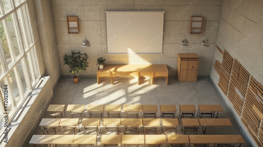 Empty Classroom with Wooden Desks and Projector Empty Classroom with Wooden Desks and Projector