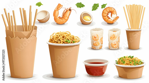 Wallpaper Mural Asian Food Takeaway Container Set Noodles Shrimp Chopsticks Sauce Cartoon Illustration Torontodigital.ca