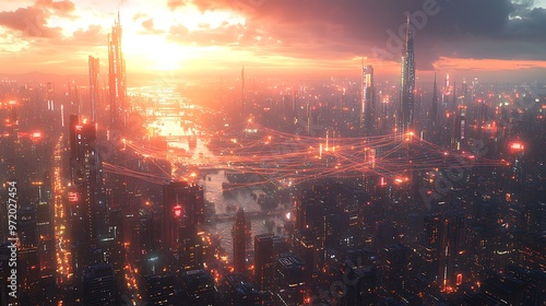 Wallpaper Mural A futuristic city at twilight, illuminated by glowing communication lines that pulse with digital energy, connecting skyscrapers and transportation systems. Torontodigital.ca