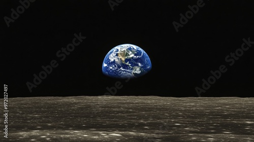 A view of the Earth from the surface of the moon, showing the planet's blue oceans and continents against the black void of space.