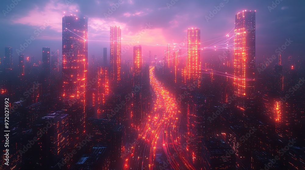 Fototapeta premium A futuristic city glowing with digital networks that power communication and transportation systems, seen from a drone’s perspective. The neon-lit web of connectivity stretches across skyscrapers,