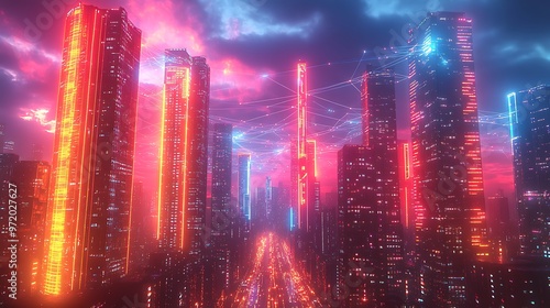 Wallpaper Mural A futuristic city glowing with digital energy, where interconnected communication lines crisscross between towering skyscrapers, public spaces, and transportation routes. Torontodigital.ca