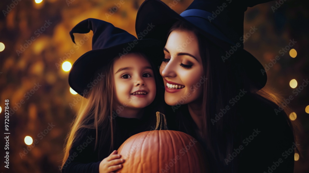 Smiling mom and daughter in witch costumes for Halloween. Woman and girl in black witch hats holding pumpkin.