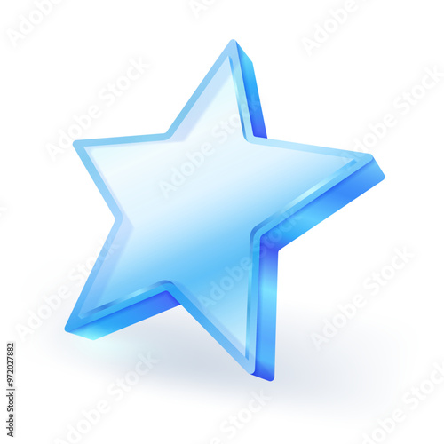 Blue glass crystal star icon with reflection isolated on white background. 3D vector illustration.