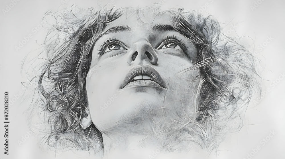 Fototapeta premium Realistic Pencil Drawing of Woman Looking Up