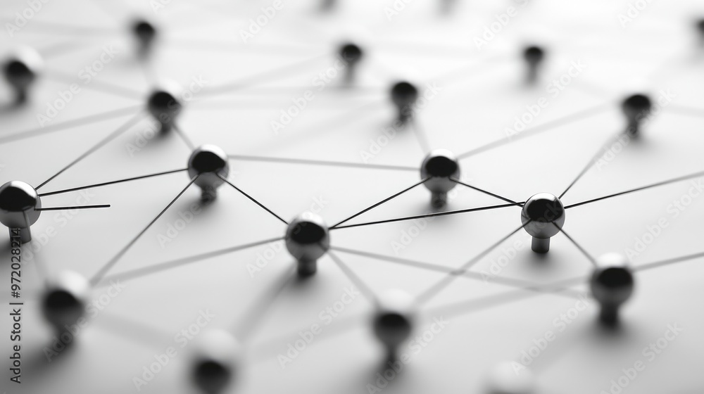 A close-up of a network of interconnected metallic spheres, creating a complex web of lines against a white background. A close-up of a network of interconnected metallic spheres, creating a complex web of lines against a white background.
