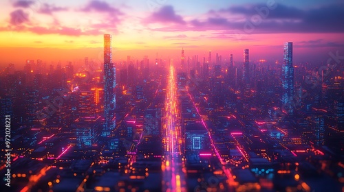 Wallpaper Mural A futuristic city powered by artificial intelligence, with vibrant neon data circuits running through streets and buildings. The AI-driven network creates a seamless flow of data, Torontodigital.ca