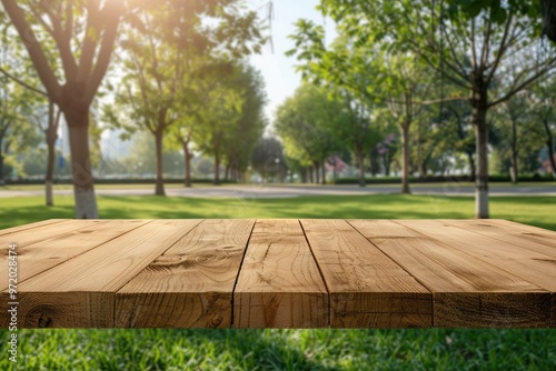 Wooden Table Podium with Park Background for Natural Business