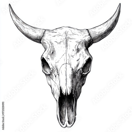 Black and white Vintage engraved art of a cow skull, isolated on white background, ink sketch illustration, simple vector art design, highly detailed line art, high contrasty  photo