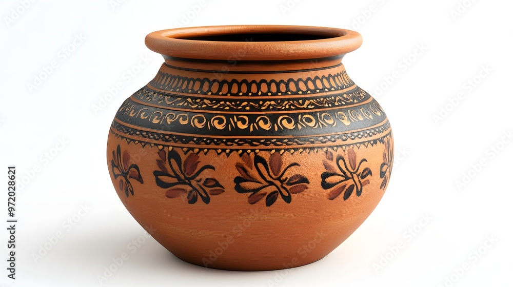 23. A detailed 3D render of a traditional clay pot with hand-painted designs, isolated on a pristine white background 23. A detailed 3D render of a traditional clay pot with hand-painted designs, isolated on a pristine white background