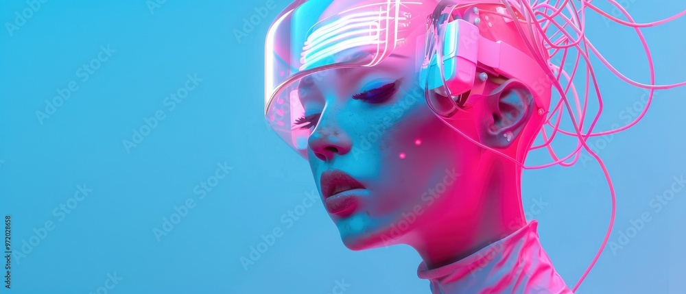Futuristic Fashion Elegance, stunning female model in a sleek turtleneck dress, adorned with advanced headgear, illuminated by vibrant lamps and intricate wiring, showcasing modern style. Futuristic Fashion Elegance, stunning female model in a sleek turtleneck dress, adorned with advanced headgear, illuminated by vibrant lamps and intricate wiring, showcasing modern style.
