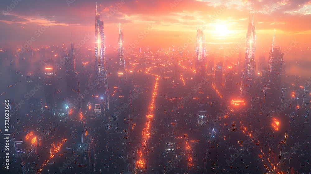 Fototapeta premium A futuristic city seen from above, with communication hubs emitting pulses of light that flow like waves across the skyline.