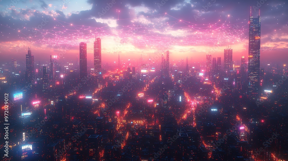 custom made wallpaper toronto digitalA futuristic cityscape with glowing communication lines crisscrossing between towering skyscrapers and bustling public spaces, forming a vibrant web of connectivity.