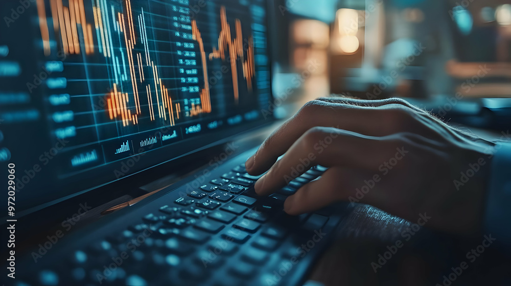 Closeup of Hand Typing on Laptop with Stock Market Data on Screen Closeup of Hand Typing on Laptop with Stock Market Data on Screen
