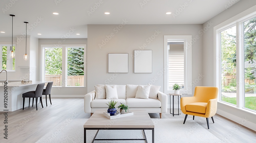 Fototapeta premium A bright, open-concept living room with a modern sofa, coffee table, and accent chairs, set against a neutral background. The image is fully in focus with deep depth of field, offering space for text