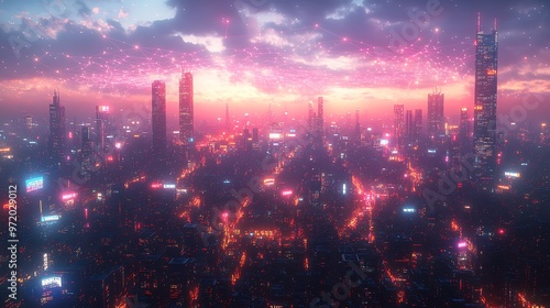 Wallpaper Mural A futuristic cityscape with glowing communication lines crisscrossing between towering skyscrapers and bustling public spaces, forming a vibrant web of connectivity. Torontodigital.ca