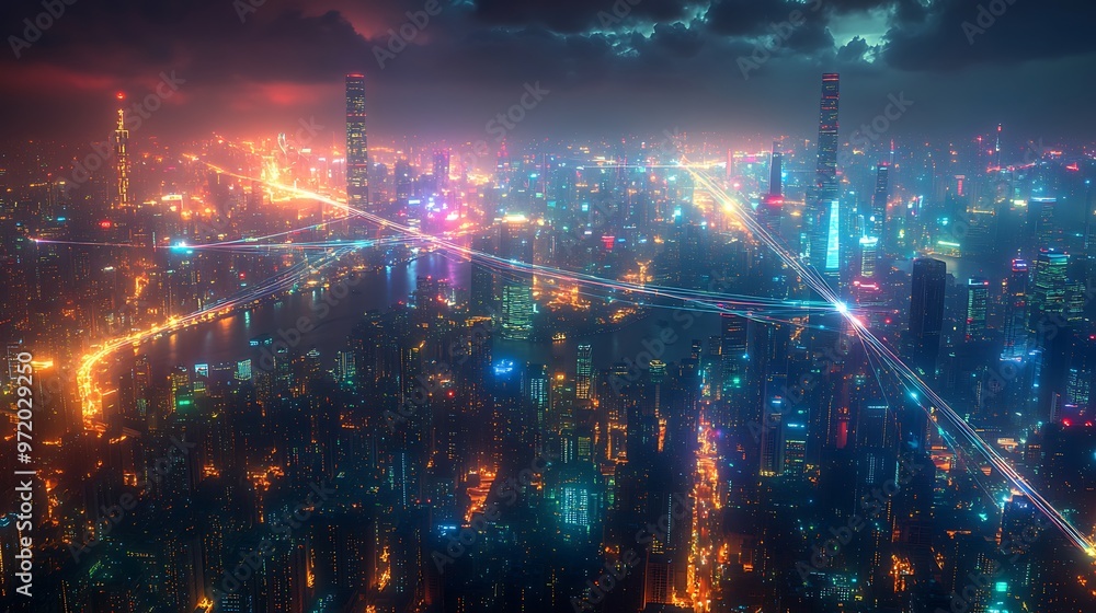 Naklejka premium A futuristic global metropolis at night, with glowing fiber optic lines extending across oceans, linking continents and skyscrapers in a dense network.