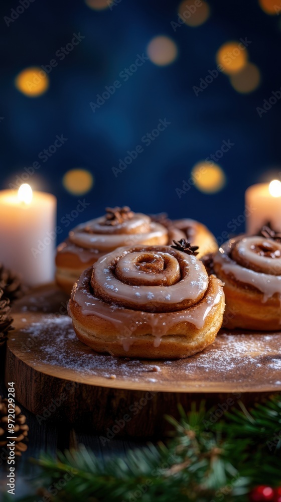 Cinnamon rolls with holiday icing, placed on a wooden table with a deep sapphire blue backdrop and soft candlelight, copy space, Merry Christmas background, holiday dessert promo, Cinnamon rolls with holiday icing, placed on a wooden table with a deep sapphire blue backdrop and soft candlelight, copy space, Merry Christmas background, holiday dessert promo,