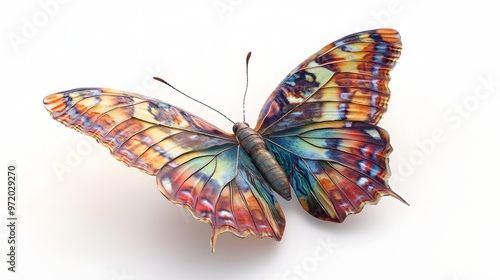 83. A realistic 3D render of a colorful butterfly with detailed wing textures, isolated on a pristine white background