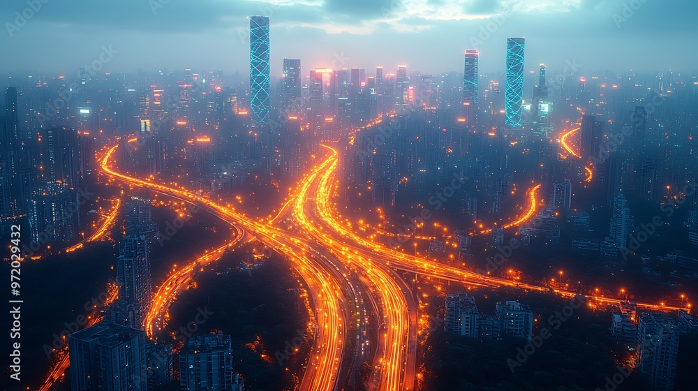 A futuristic smart city from above, glowing communication networks forming intricate patterns between skyscrapers and highways. The neon-lit city reflects vibrant digital lines, A futuristic smart city from above, glowing communication networks forming intricate patterns between skyscrapers and highways. The neon-lit city reflects vibrant digital lines,