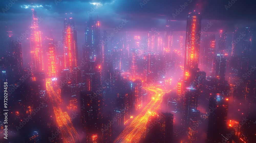 Fototapeta premium A futuristic urban center illuminated by a web of interconnected digital networks, with glowing data lines linking smart buildings and roads. The city’s skyline shines with vibrant neon colors,