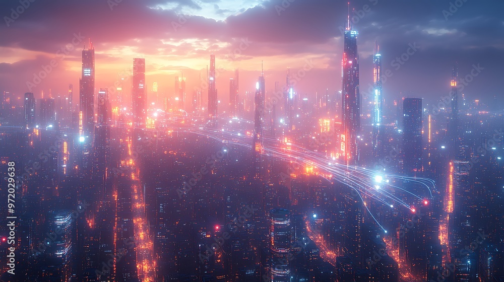 Fototapeta premium A futuristic urban landscape at night, with glowing data cables and wireless signals connecting every building and street. The digital infrastructure pulses with energy,