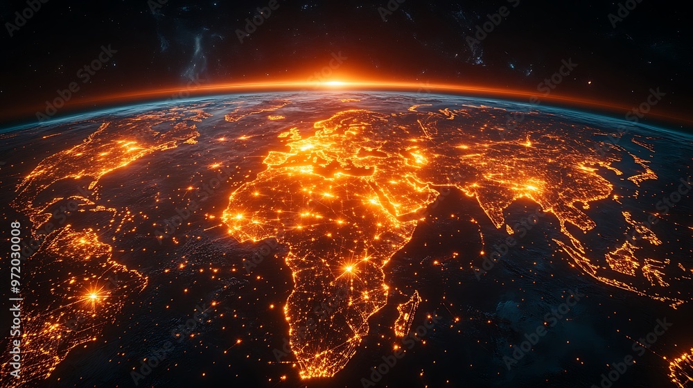 A global communication hub viewed from above, where bright fiber optic lines connect regions and cities across the world. The vibrant data pathways create a complex web of global connectivity, A global communication hub viewed from above, where bright fiber optic lines connect regions and cities across the world. The vibrant data pathways create a complex web of global connectivity,