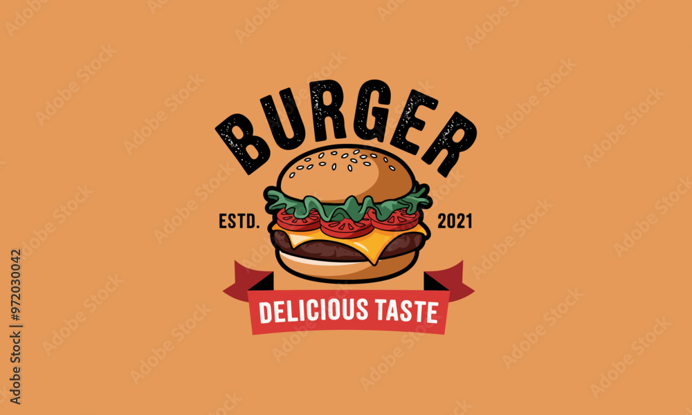 Fototapeta premium Delicious burger logo with cheese, lettuce, and tomatoes, established 2021.