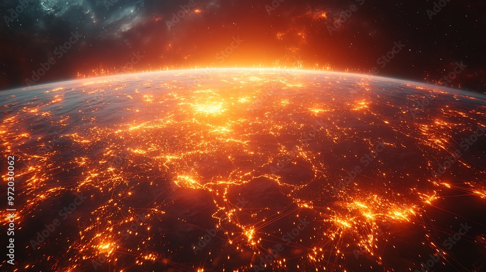 A global communication hub viewed from above, where bright fiber optic lines connect regions and cities across the world. The vibrant data pathways create a complex web of global connectivity, A global communication hub viewed from above, where bright fiber optic lines connect regions and cities across the world. The vibrant data pathways create a complex web of global connectivity,