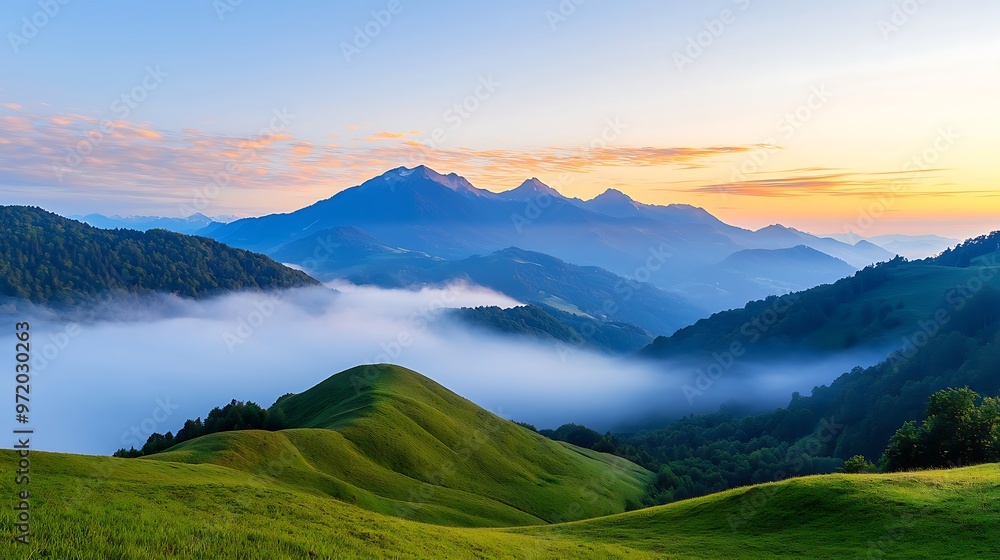 Fototapeta premium A high-definition image of a mountain landscape at sunrise with rolling hills and mist in the valley. The image features deep depth of field, with room for text in the glowing sky above the mountains.
