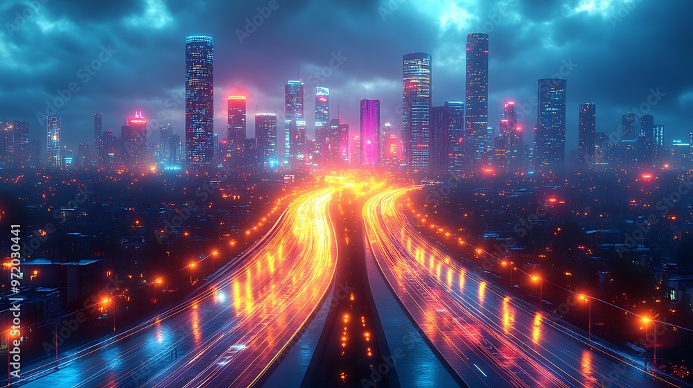 A high-tech city at night, with glowing communication networks visibly linking highways, train routes, and skyscrapers. The vibrant neon lines create a digital web across the metropolis, A high-tech city at night, with glowing communication networks visibly linking highways, train routes, and skyscrapers. The vibrant neon lines create a digital web across the metropolis,