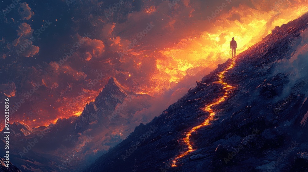 A lone figure walks up a fiery path to the summit of a mountain, the sky ablaze with orange and red hues. A lone figure walks up a fiery path to the summit of a mountain, the sky ablaze with orange and red hues.