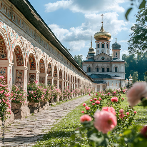 Russian Orthodox Church with Arched Walkway and Flower Garden