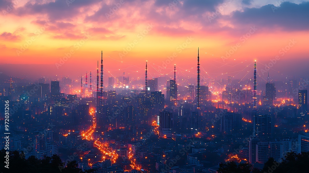 Fototapeta premium A modern city at dusk, where illuminated data streams visibly connect wireless towers and smart homes. The skyline glows in rich sunset colors,