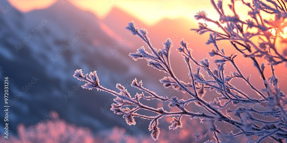 Fototapeta premium Close-up of frosted branches with the towering snow-covered mountains glowing in the distance during sunrise