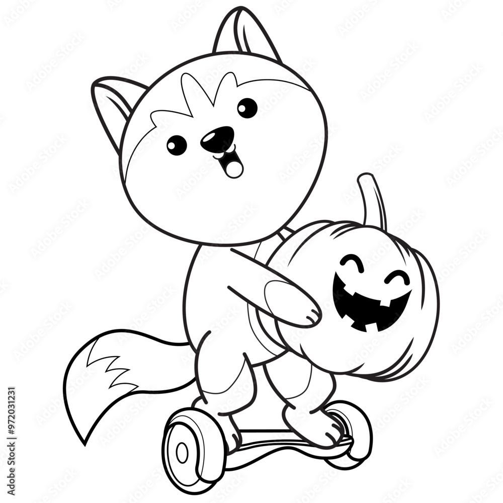 Fototapeta premium Halloween coloring page with husky for kids