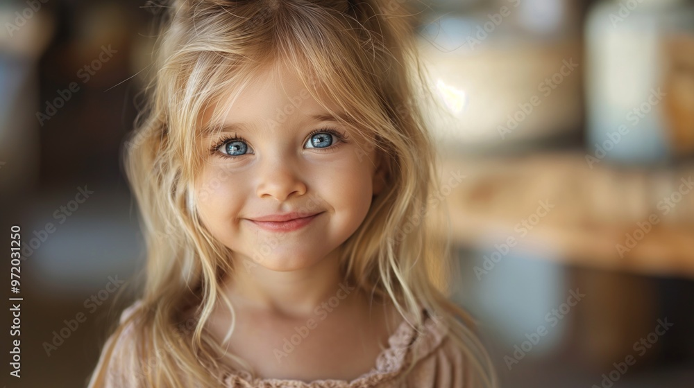 A cheerful young girl with blonde hair and blue eyes smiles outdoors, radiating innocence and joy. A cheerful young girl with blonde hair and blue eyes smiles outdoors, radiating innocence and joy.