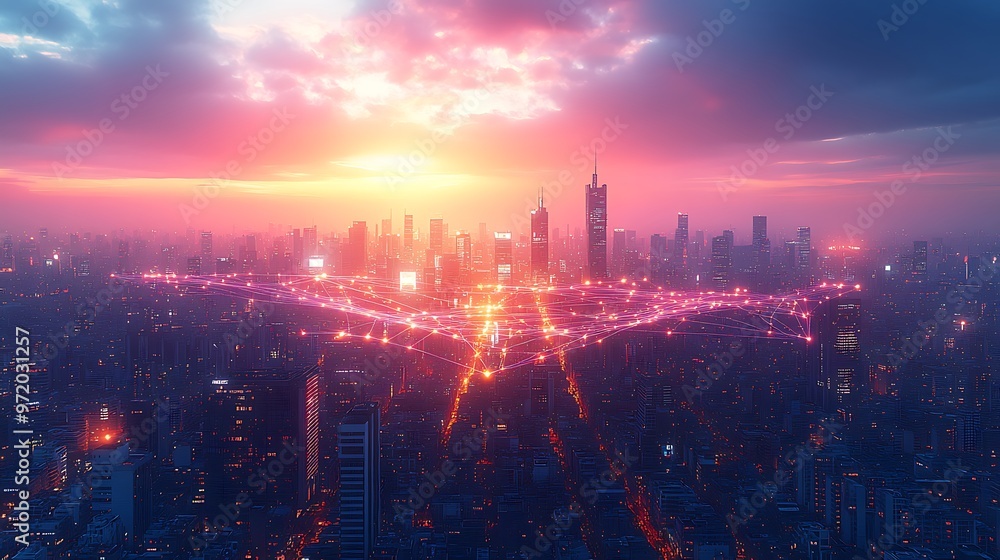 Fototapeta premium A modern city at twilight, with pulsing neon data streams visibly connecting homes, mobile devices, and businesses. The skyline reflects the glow of the digital network,