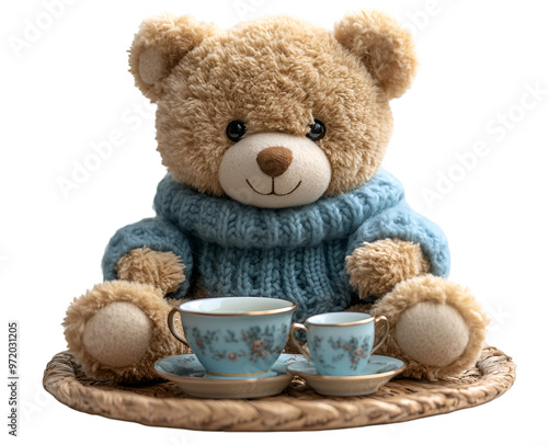 a teddy bear with tea cups

