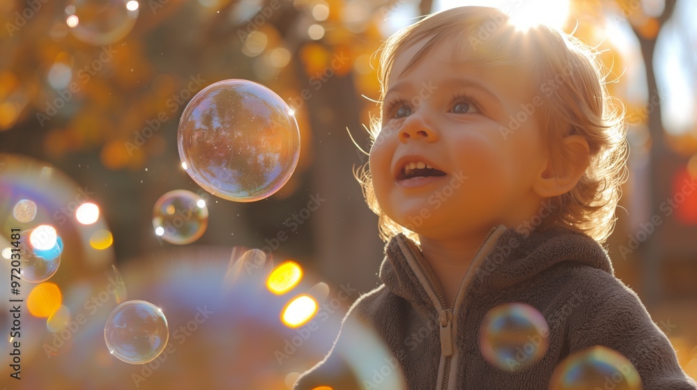 A joyful toddler, captivated by bubbles, smiles in warm autumn sunlight with colorful leaves in the background. A joyful toddler, captivated by bubbles, smiles in warm autumn sunlight with colorful leaves in the background.