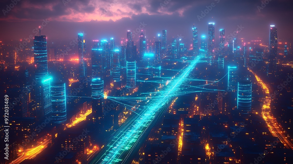 A modern city seen from above, with glowing blue and green lines representing digital networks connecting every building and road. The illuminated pathways create a web of data flow through the city, A modern city seen from above, with glowing blue and green lines representing digital networks connecting every building and road. The illuminated pathways create a web of data flow through the city,