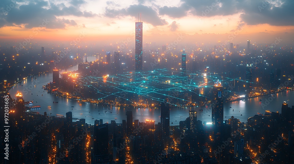 A modern city viewed from above, where glowing blue and green lines represent data streams connecting the urban landscape. The digital web creates a futuristic atmosphere, A modern city viewed from above, where glowing blue and green lines represent data streams connecting the urban landscape. The digital web creates a futuristic atmosphere,