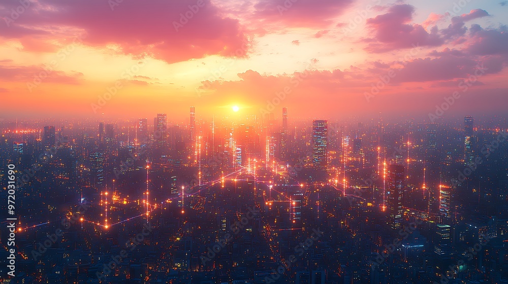 Obraz premium A modern cityscape glowing with digital energy as the sun sets, with illuminated data streams connecting wireless towers and smart homes. The sunset creates a vibrant sky of pink, orange, and purple,