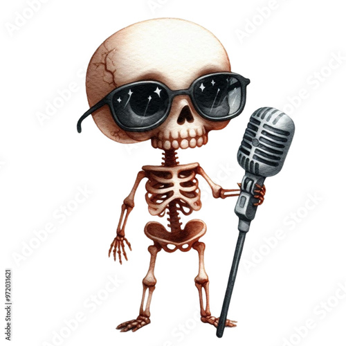 Cute skeleton ghost holding a microphone clipart watercolor 
