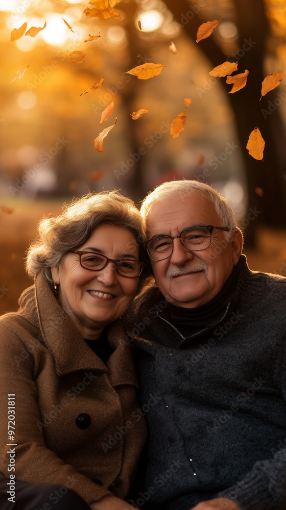 Portrait of a happy senior couple sitting on a bench, autumn park, close-up shot, golden hour lighting, warm tones, relaxed and loving expressions, soft focus on the background with leaves falling Portrait of a happy senior couple sitting on a bench, autumn park, close-up shot, golden hour lighting, warm tones, relaxed and loving expressions, soft focus on the background with leaves falling