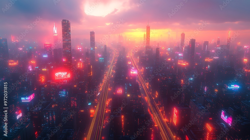 Fototapeta premium A modern metropolis glowing with interconnected data lines, connecting high-tech highways, smart trains, and towering skyscrapers.