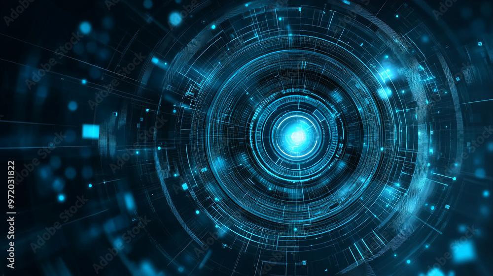 Futuristic digital art with glowing blue circles and tech elements Futuristic digital art with glowing blue circles and tech elements