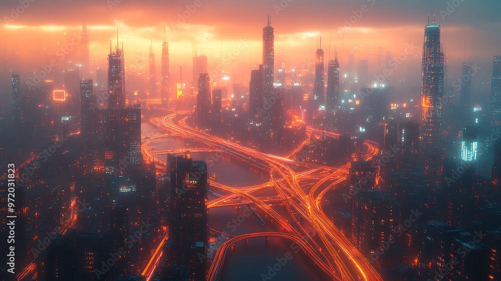 Fototapeta premium A modern metropolis glowing with interconnected data lines, connecting high-tech highways, smart trains, and towering skyscrapers.