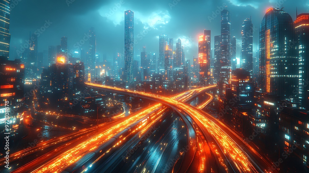 Fototapeta premium A modern metropolis with visible glowing communication networks connecting elevated highways, high-speed trains, and sleek skyscrapers. The illuminated data streams pulse across the urban landscape,